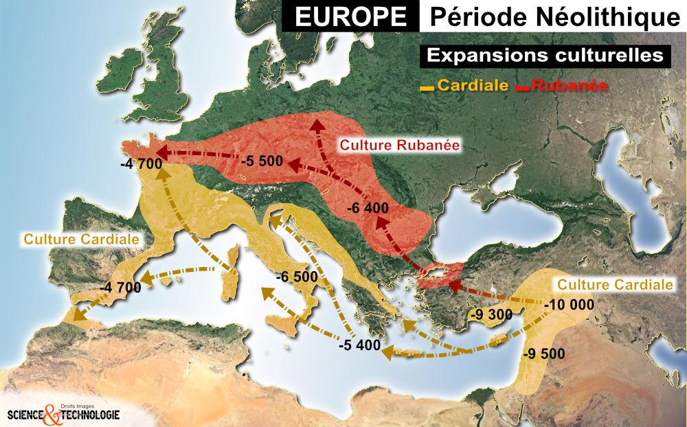 Carte Europe - Expansion néolithique culturelle - Cardiale et Rubanée