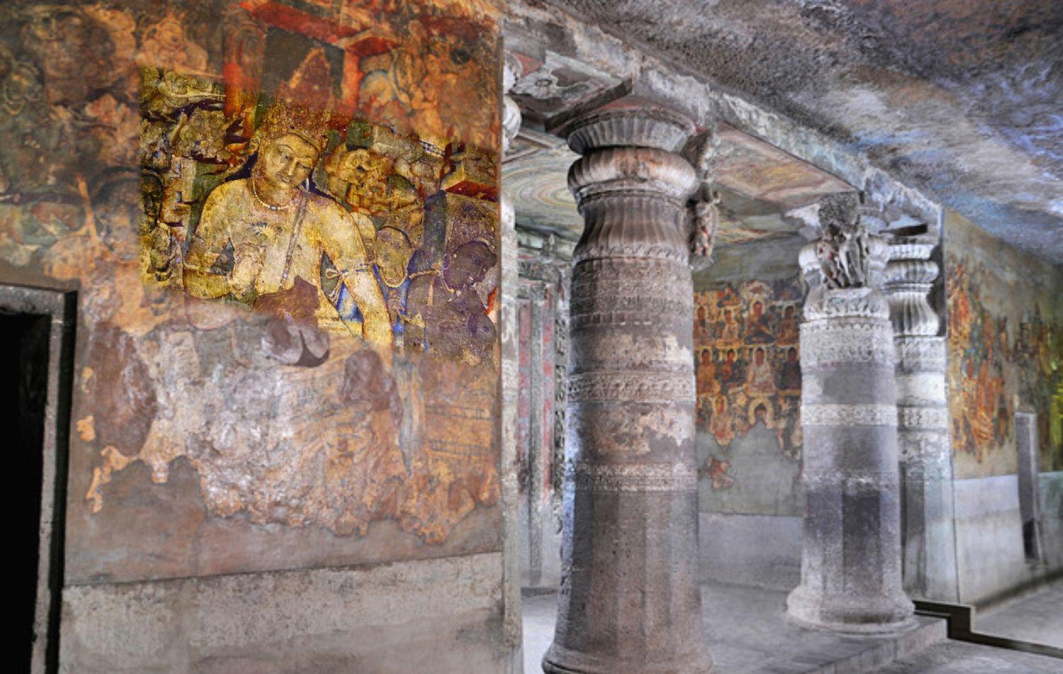 Peinture Inde, Maharashtra dans le temple de la grotte Ajanta - patrimoine mondial de UNESCO - peinture de Bodhisattva Padmapani