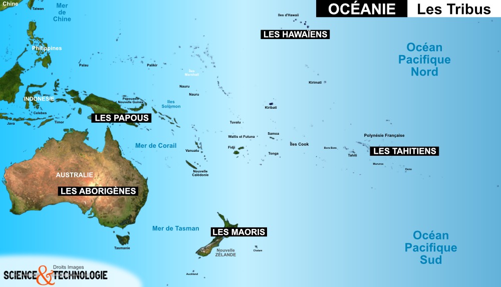 Carte SATELLITE des Tribus-Oceanie - Les Papous - Les tahitiens - Les Maoris - Les Aborigènes d'Australie - Les Hawaïens - Océan Pacifique Nod - Océan Pacifique SUD - Mer de Tasman - Mer de Corail - Mer de Chine - Philippines - Indonesie