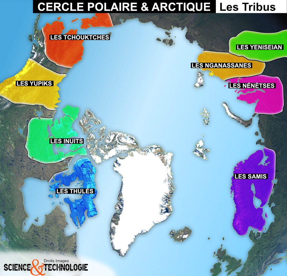 Carte Satellite du cercle polaire - arctique - Photo satelite - Tribus des Territoires Arctique des TCHOUKTCHES - YUPIKS - INUITS - THULÉS - SAMIS (Samoyèdes) - NÉNÈTSES - NGANASSANES - YENISEIAN (ienisseï-ostiak)